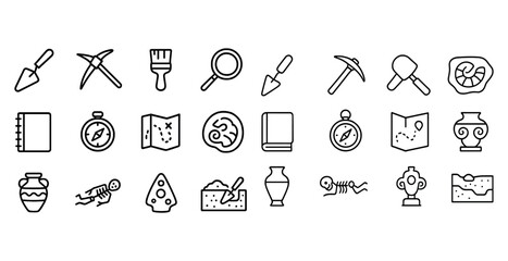 Naklejka premium Archaeology icon set with tools, maps, and artifacts