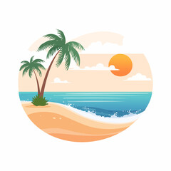 Flat Design Tropical Beach and Palm Trees Illustration