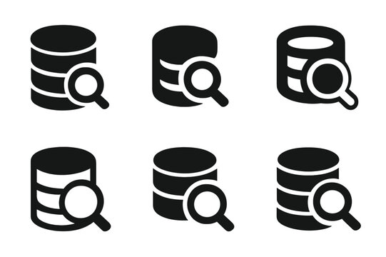 SQL Icon Grid. Database Query Optimization. Set Logo of SQL Query Icon: Filled silhouette, Abstract geometric, Negative space, Flat solid, Stylized detail,