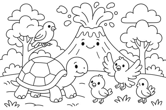 Volcano Wildlife Coloring Page. Animals near volcanoes children?s coloring book illustration, outlined drawing, birds and a tortoise on safe ground with a