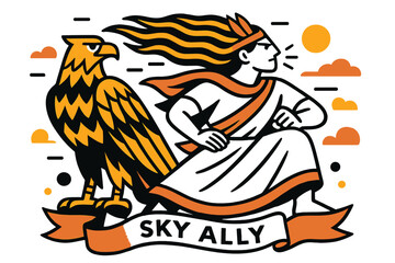 Sky Deity and Eagle. Sky gods ? Eagle companion. The deity leans into the wind beside a stylized eagle; feather shapes repeat in bold geometry. A ribbon reads