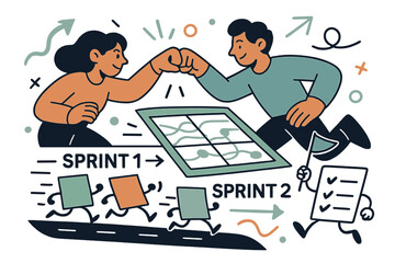 Sprint Strategy Race. Skill sprint planning. Sticky notes race along a track labeled ?Sprint > Sprint ?; a checklist waves a tiny flag. Teammates bump fists