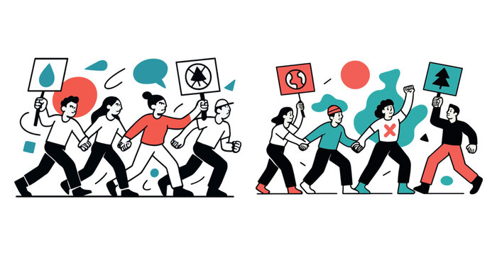 Groups of diverse young adults protesting for environmental causes