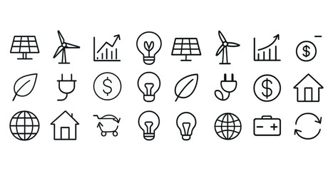 Fototapeta premium Renewable energy icons: solar, wind, energy efficiency, and sustainability symbols