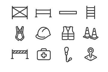 Scaffold Safety Icons. Scaffolding and Safety. Line icon set of Scaffolding and Safety: scaffold frame, guardrail, toe board, access ladder, safety harness,