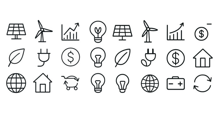 Renewable energy icons: solar, wind, energy efficiency, and sustainability symbols