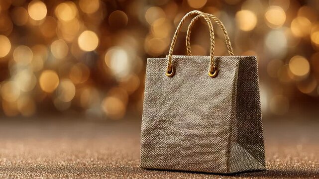 Elegant Gold Shopping Bag with Bokeh Lights Background for Luxury Retail and Holiday Season Promotions