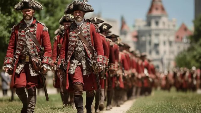 Regiment of Soldiers in Red Coats Marching in Formation, Historical Reenactment, Outdoor Event, Colonial Era, Quebec City Background