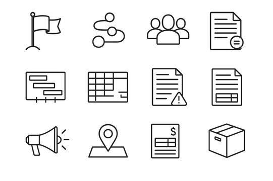 Project Kickoff Icons. Project Kickoff. Line icon set of Project Kickoff: kickoff flag, roadmap, team roles, scope document, timeline Gantt, resource plan,