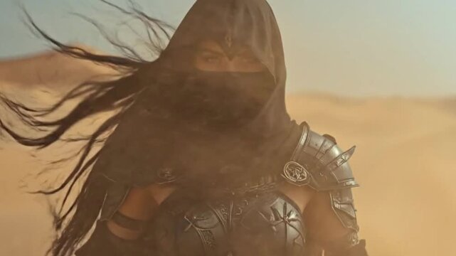A powerful female warrior stands in a vast desert, her long dark hair blowing in the wind. Dressed in ornate black armor and a hooded cloak with a face covering, her intense eyes gaze directly at the 