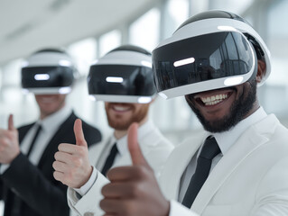Businessmen in white suits wearing virtual reality headsets giving thumbs up smiling in modern office background digital technology concept