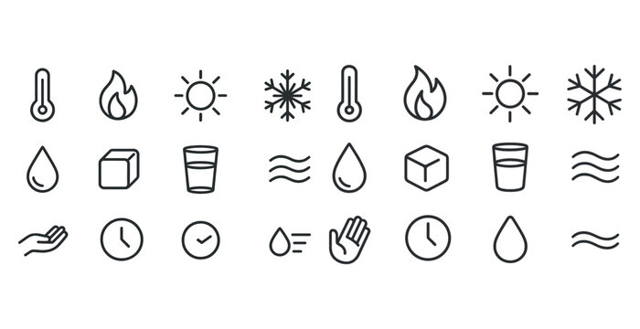 Weather and temperature icons: sun, snowflake, thermometer, flame, water, ice, wind