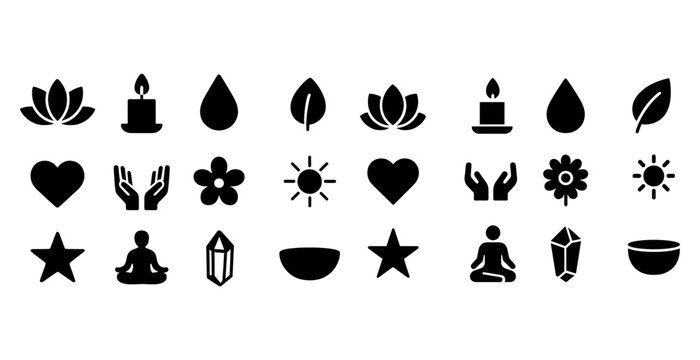 Set of 24 black wellness icons including lotus, candle, heart, and meditation symbols