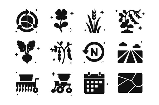 Crop Management Icons. Crop rotation and cover crops. Solid icons set of Crop rotation and cover crops: rotation wheel chart, clover cover crop, rye cover