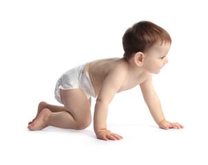 Cute little baby crawling on white background