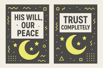 Trustful Peace Banners. Peace in Trust. Two vertical A6 banners with safe margins, centered composition, no elements touching edges, memphis, charcoal and neon