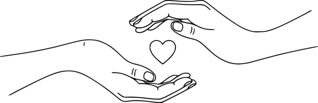 Two hands reaching towards each other, connected by a single line forming a heart shape