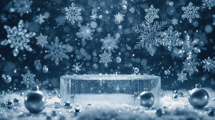 A gold, cylindrical product display podium resting on a bed of white snow, set against a dark background with festive golden bokeh lights. Perfect for luxury winter sales.