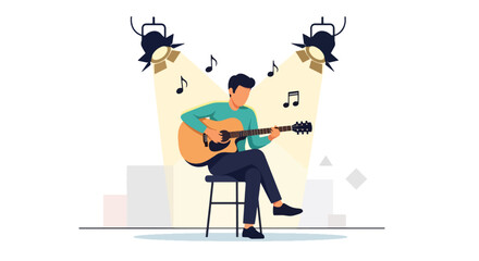 Flat vector guitarist performing acoustic music on stage with floating notes and clean lighting. Ideal for concert posters, music blogs, learning materials, and creative promotions
