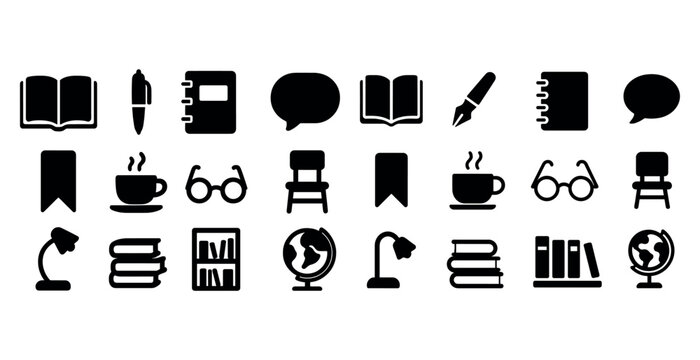 Education icons: books, stationery, speech bubbles, and classroom objects