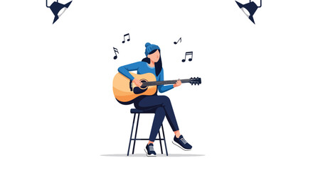 Flat vector guitarist performing acoustic music on stage with floating notes and clean lighting. Ideal for concert posters, music blogs, learning materials, and creative promotions
