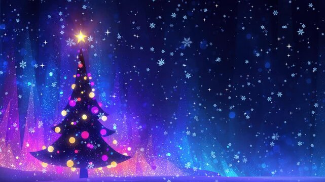 Christmas tree loopable animation background featuring glowing ornaments, vibrant lights and falling snow for magical xmas holiday