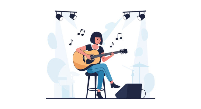 Flat vector guitarist performing acoustic music on stage with floating notes and clean lighting. Ideal for concert posters, music blogs, learning materials, and creative promotions - Powered by Adobe