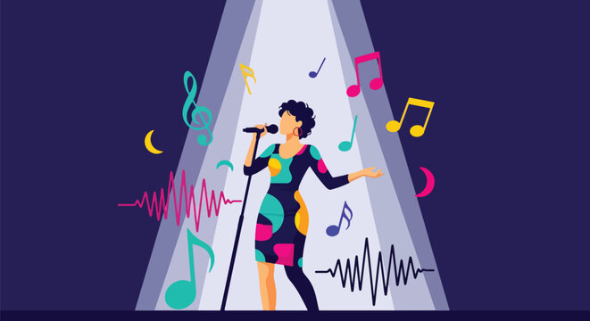 Flat vector singer holding microphone under spotlight with energetic pose. Ideal for music events, vocal lessons, concert promotions, and entertainment content