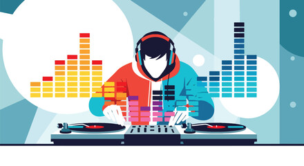 Flat vector DJ mixing tracks on turntables with equalizer bars and headphones. Ideal for party posters, EDM promotions, club event graphics, and music festival materials