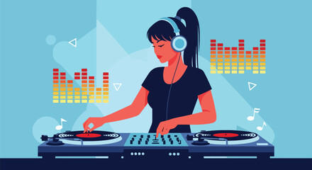 Flat vector DJ mixing tracks on turntables with equalizer bars and headphones. Ideal for party posters, EDM promotions, club event graphics, and music festival materials