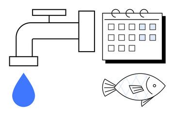Faucet with droplet, calendar marking timing, and fish indicating environmental balance. Ideal for sustainability, resource planning, conservation, eco-awareness, environmental goals, water usage