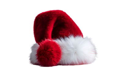 Full-length classic red Santa hat on invisible mannequin, soft plush velvet with fluffy white fur trim and pom-pom tip, cozy festive holiday accessory on transparent background
