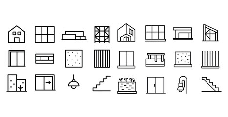 Set of 20 simple black and white building and architectural icons