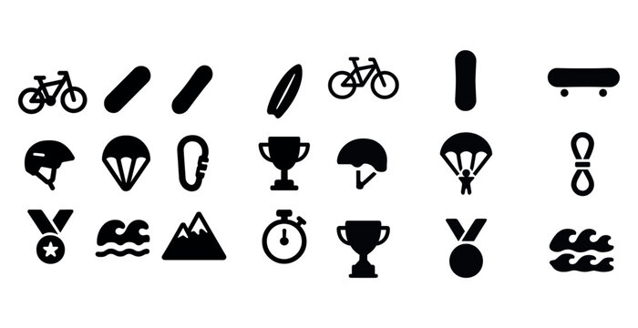 Adventure sports icons: cycling, skateboarding, parachuting, surfing, climbing