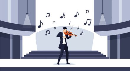Flat vector violinist practicing classical music with elegant posture and soft notes. Ideal for orchestra ads, classical music schools, concert visuals, and learning materials