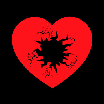 Destroyed and shattered red heart with cracks and hole - heart attack and infarction or broken heart and heartbreak after breakup of love relationship. Vector illustration.