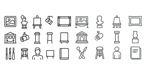 Art icon set: easels, frames, sculptures, and art supplies in minimalist design