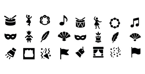 Naklejka premium Music and dance icons set featuring drums, masks, flags, and musical notes