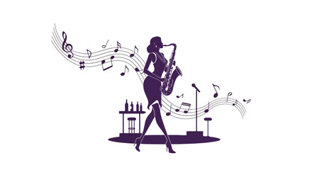 Flat vector saxophonist performing jazzy solo with swirling notes and warm tones. Ideal for jazz events, music posters, cultural promotions, and artistic illustrations
