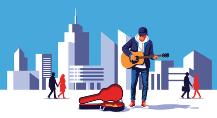 Flat vector street musician performing guitar with open case and urban backdrop. Ideal for culture blogs, street art promotions, travel designs, and music-related content