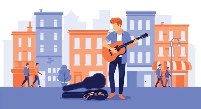 Flat vector street musician performing guitar with open case and urban backdrop. Ideal for culture blogs, street art promotions, travel designs, and music-related content