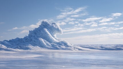 Majestic ice formation resembling wave in arctic landscape under clear blue sky