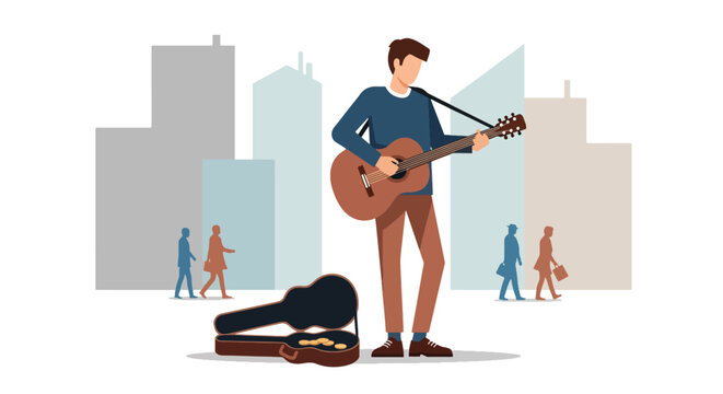 Flat vector street musician performing guitar with open case and urban backdrop. Ideal for culture blogs, street art promotions, travel designs, and music-related content