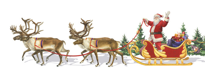 Watercolor Santa Claus on a sleigh with four reindeer