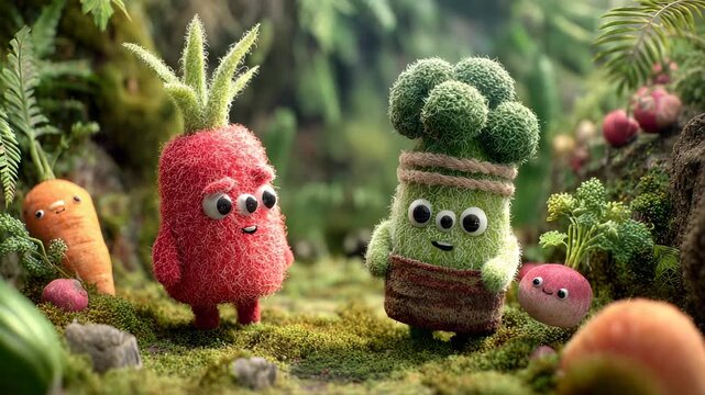 Whimsical Vegetable Characters in a Lush Forest: Cute Broccoli, Radish, and Carrot Friends in a Cartoon Style