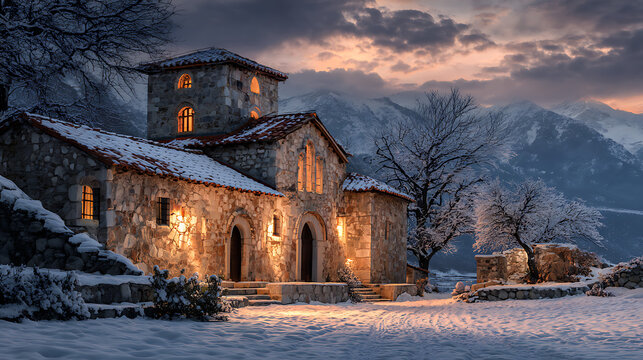 A rustic stone chapel in a snowy mountain landscape at dusk, illuminated by warm lights from its windows and lanterns with copy space.