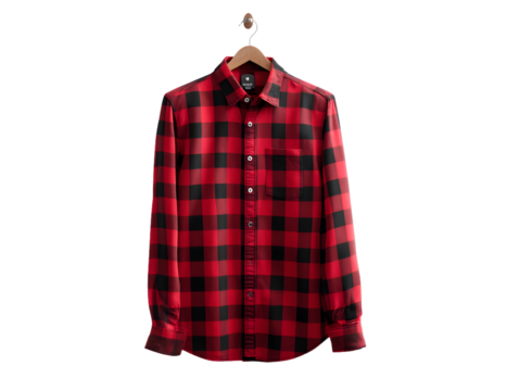 Full-length red and black buffalo check shirt hanging upright, smooth cotton with slim tailored fit, crisp collar and button placket, plaid pattern highlighted, isolated on transparent background
