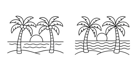 Fototapeta premium Black and white tropical beach scene with palm trees and sun