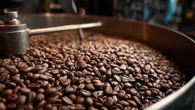 Freshly Roasted Coffee Beans Cooling in Roaster Drum, Close-Up View of Aromatic Brown Beans, Coffee Production Process
