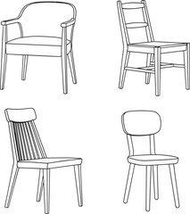 Modern wooden dining chairs collection, minimalist furniture line art set, elegant interior chair designs, contemporary seating illustration, flat vector illustration